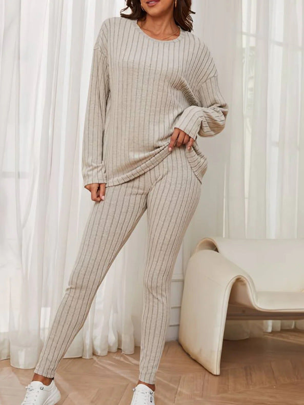 Casual Loose Round Neck Sunken Stripe Knit Suit for Women