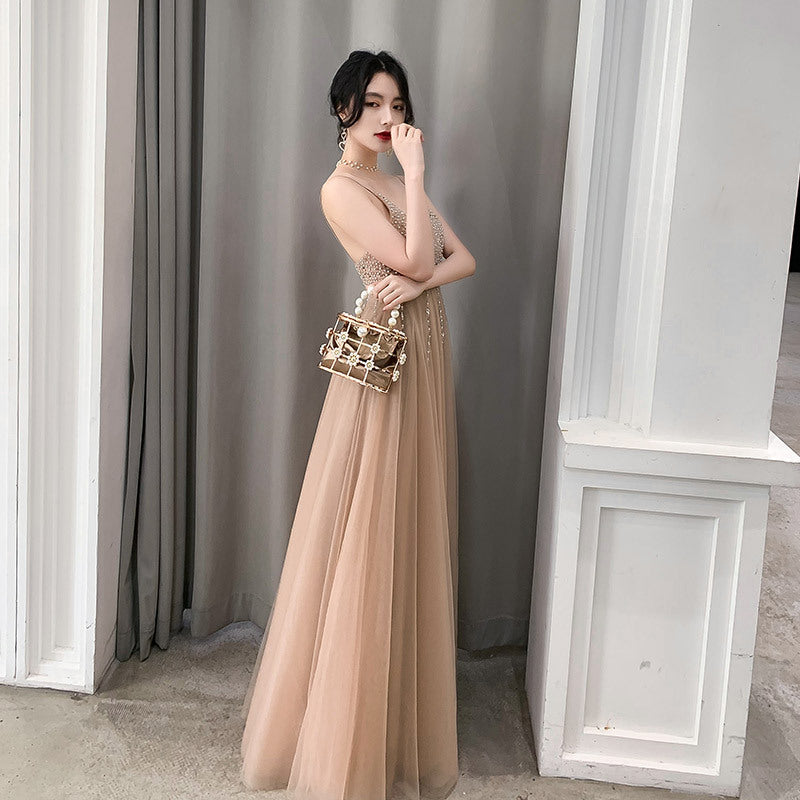 Elegant Light Khaki Sling Dress Skirt with Sequins for Annual Meeting Host