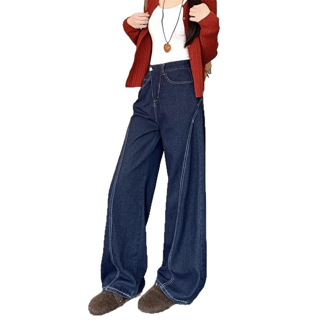 American Retro Dark Blue High Waist Wide Leg Jeans