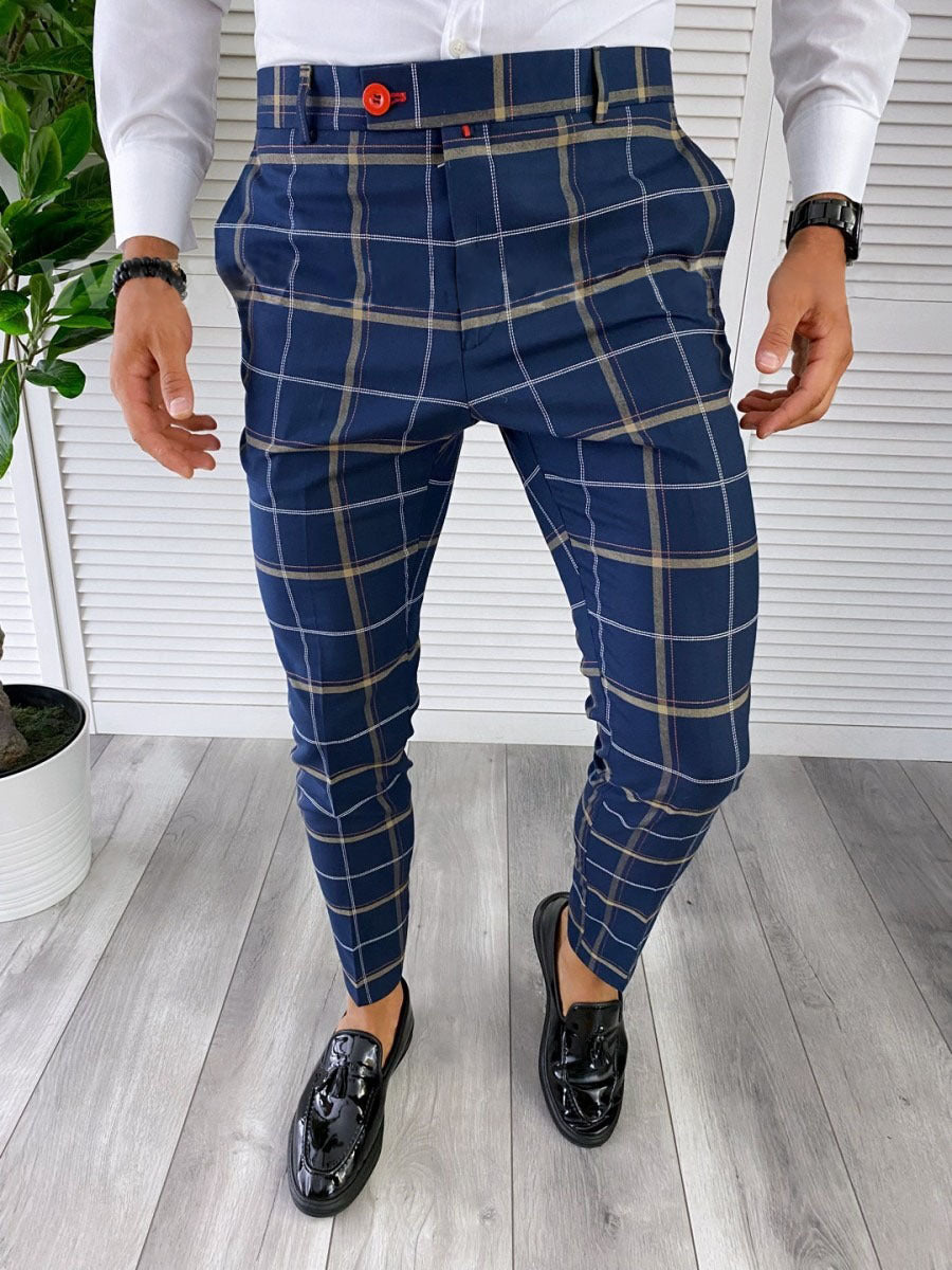 Autumn Men's Plaid Casual Suit Pants Straight Fit