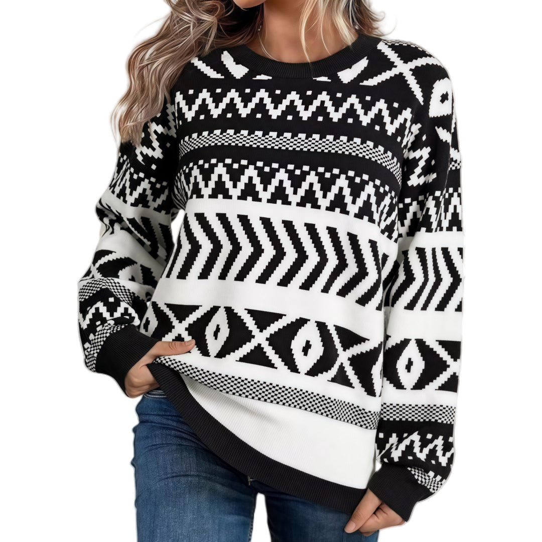 Pull en maille à manches longues et col rond au style intellectuel unique