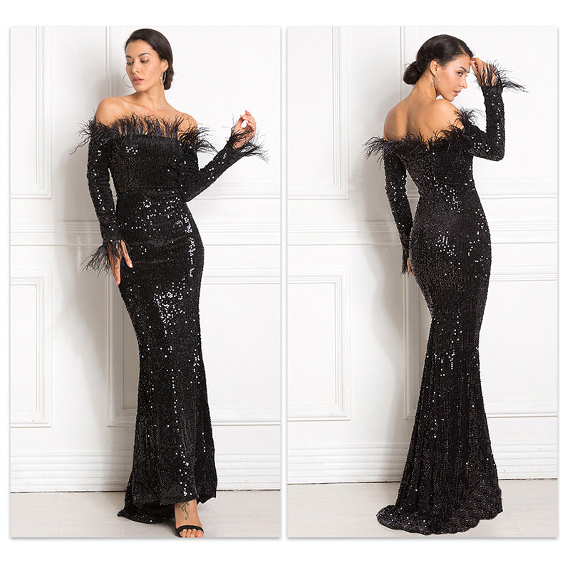 Off-the-Shoulder Fishtail Party Dress in White, Green, Black & Wine Red, Sizes S-XL