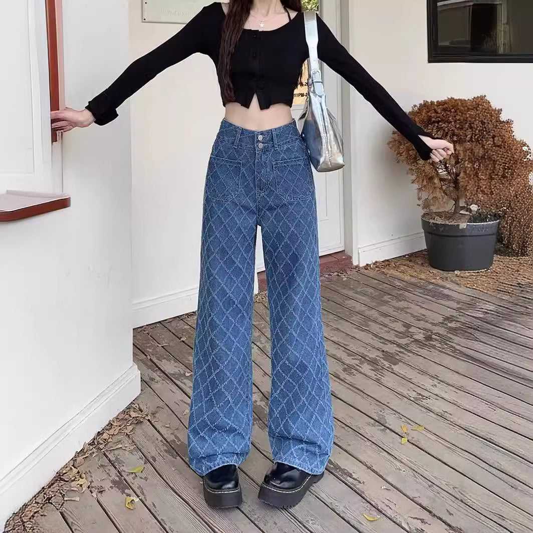 Summer Ladies New Loose Drooping Slimming Jacquard Design Straight-leg Denim Trousers