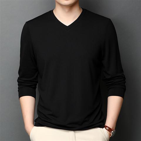 Silk T-shirt Men's Ice Silk Long-sleeved Thin V-neck Silk Bottoming Shirt