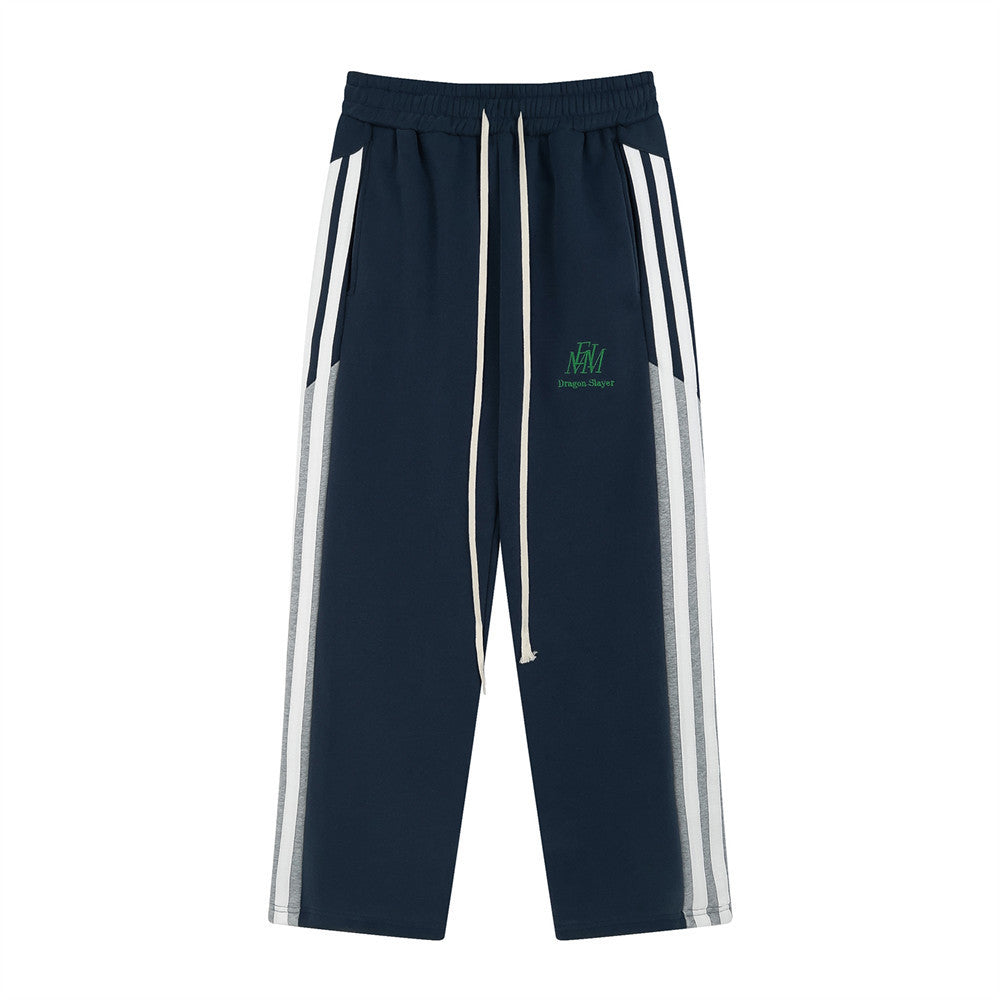 Men's Striped Loose Straight Pants with Side Ribbon