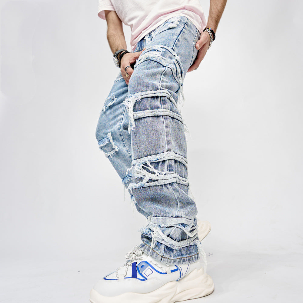 Jean droit homme en coton style hip-hop bleu