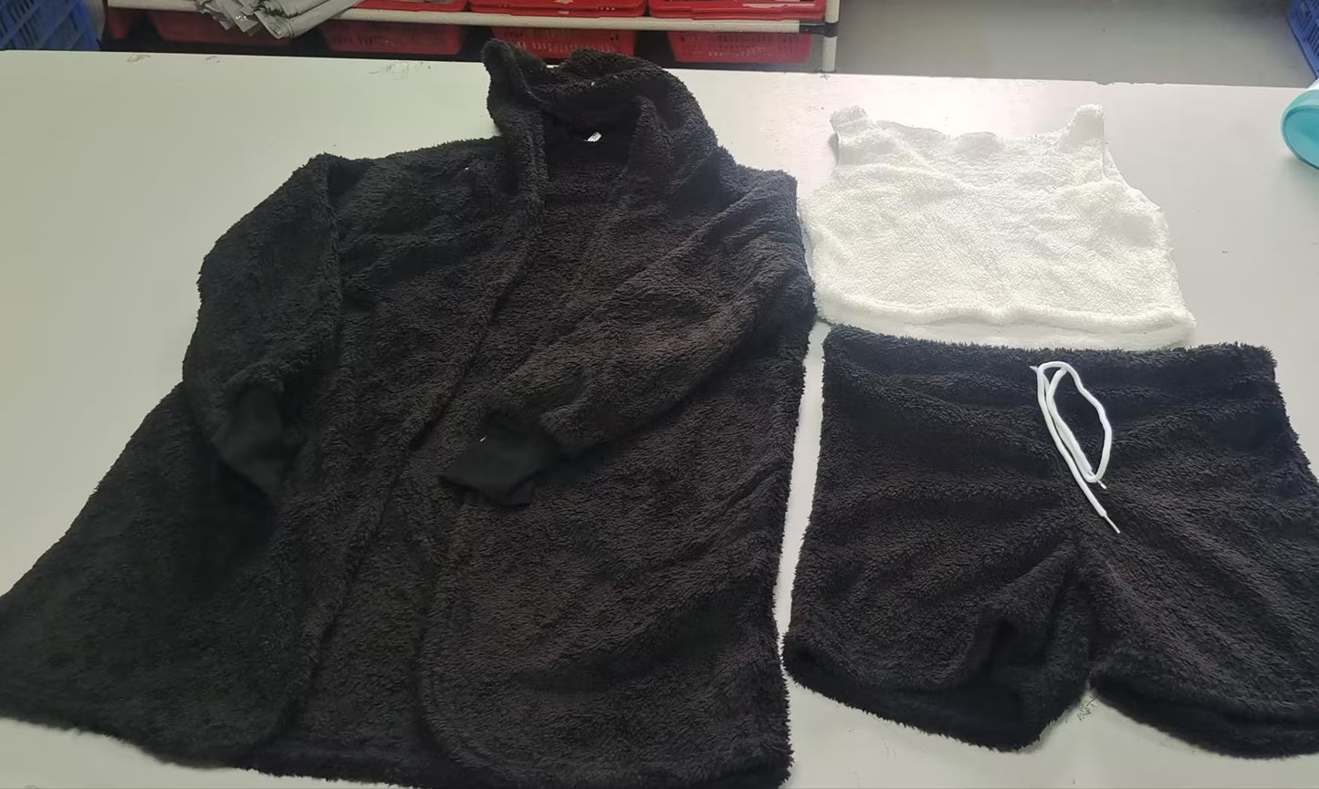3pcs Long Sleeve Crop Tank Top And Drawstring Shorts Pajama Set