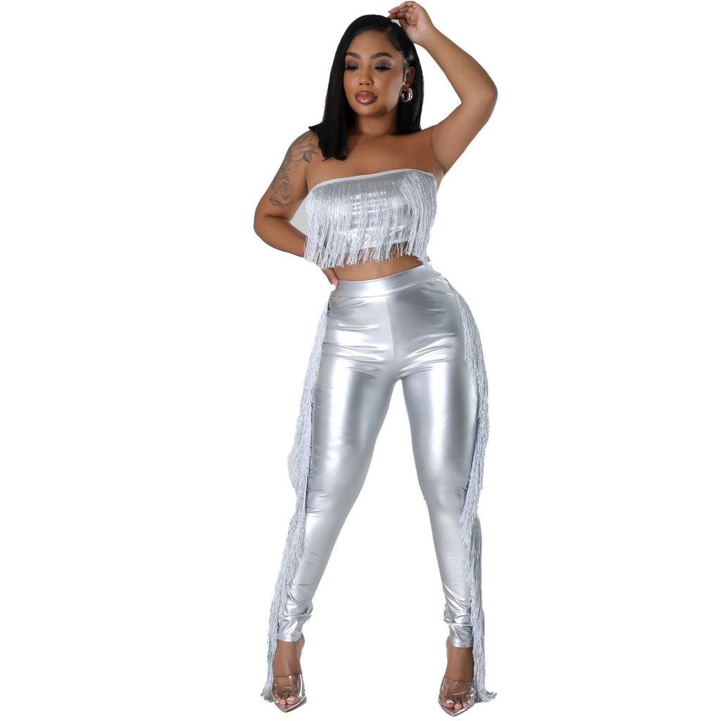 Sexy Bandeau Tassel Slim-Fit Trousers Two-Piece Set for Nightclub