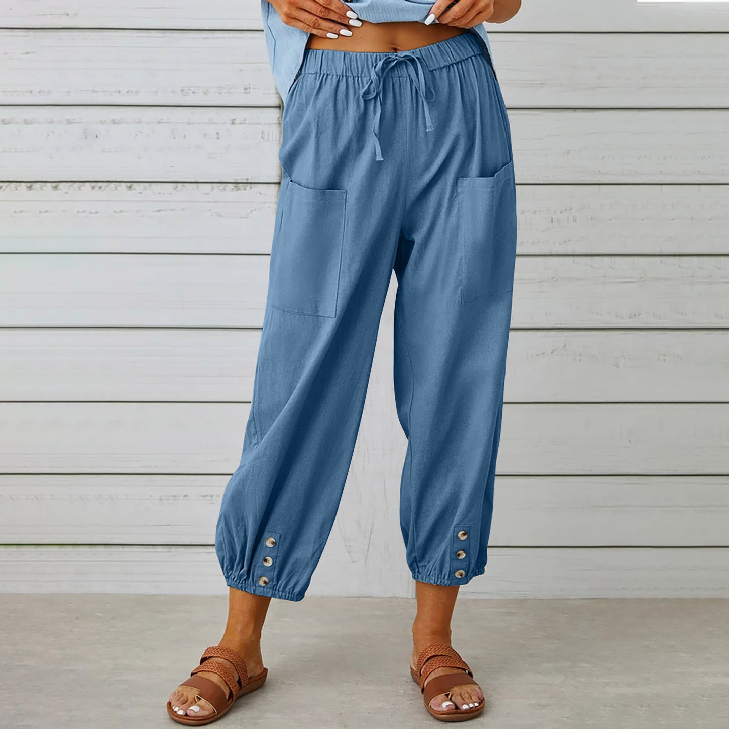 Women’s Cotton Linen Drawstring Pants With Pockets & Button - Spring Summer