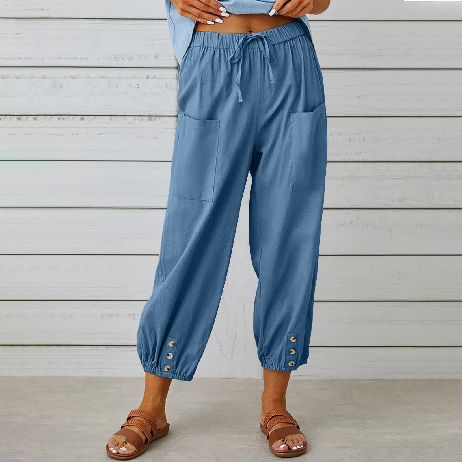 Women’s Cotton Linen Drawstring Pants With Pockets & Button - Spring Summer