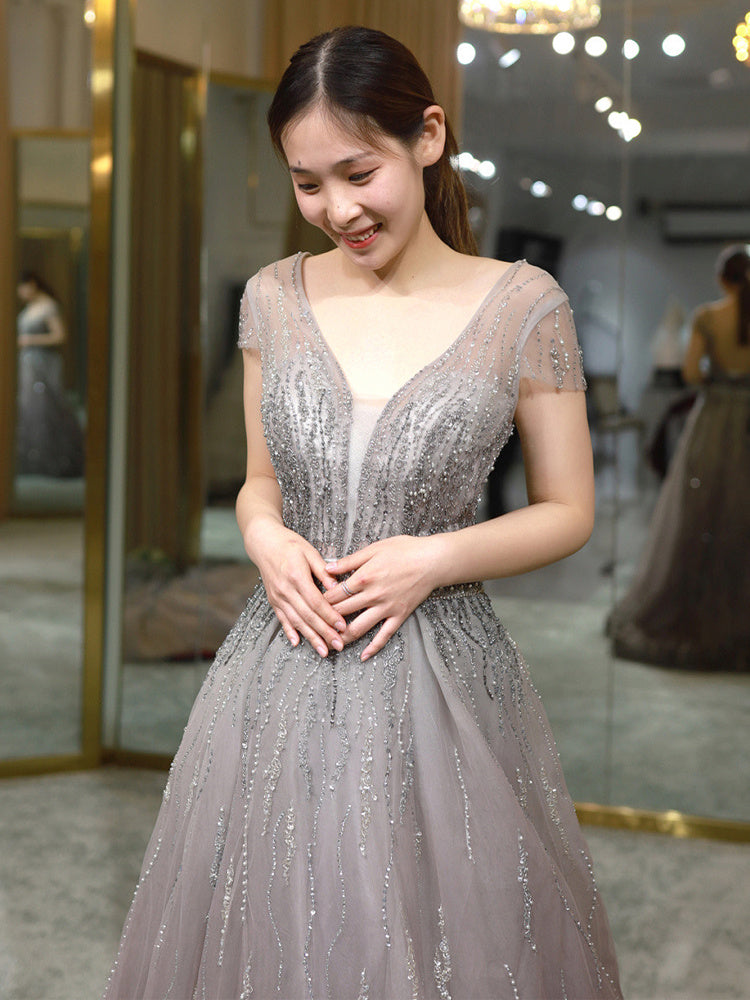Women's Noble Slim Mesh High-End Evening Dress in Gray Champagne Gold
