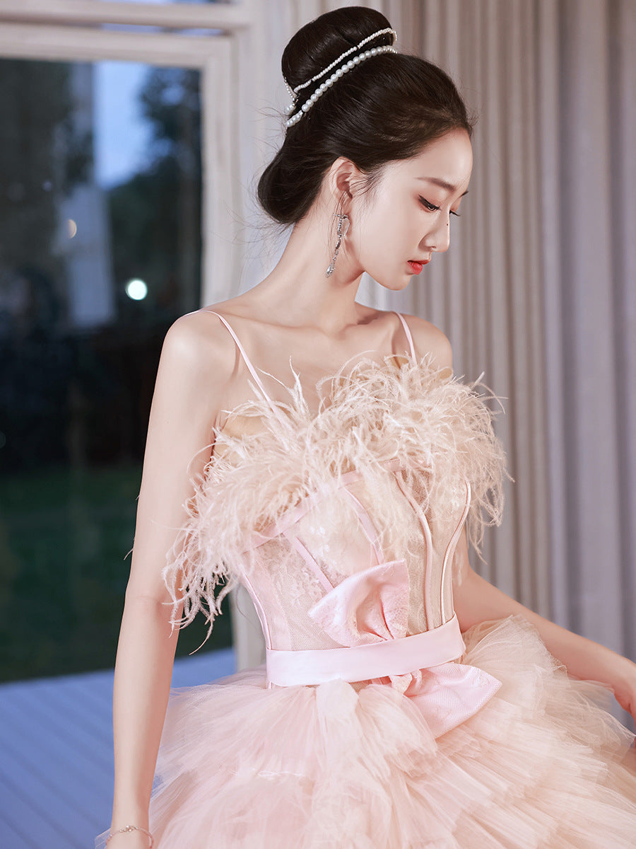 Pink Sling Light Princess Style Wedding Cake Dress Spandex Sleeveless