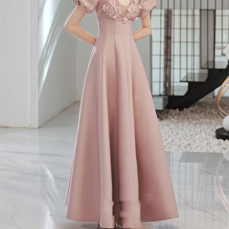 Robe rose taille haute à manches bulles pour femme