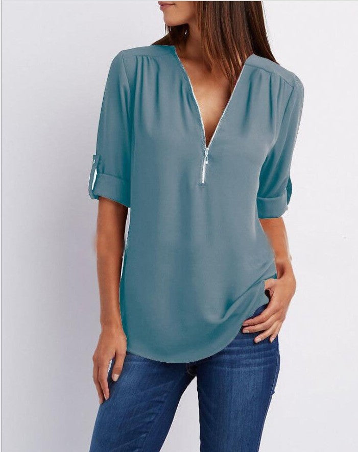 Chemisier ample zippé à col en V et manches courtes pour femme, disponible en plusieurs coloris