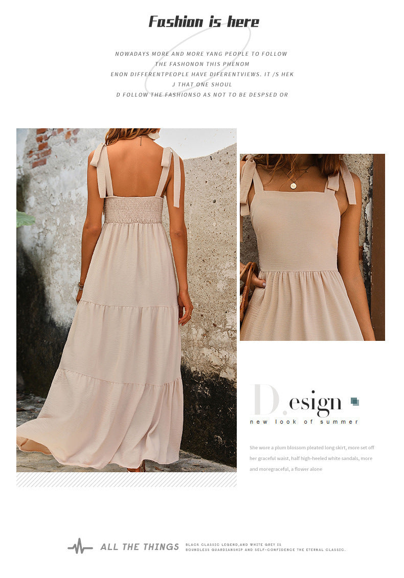Women's Apricot Backless Solid Color Sling Dress Mid-Length