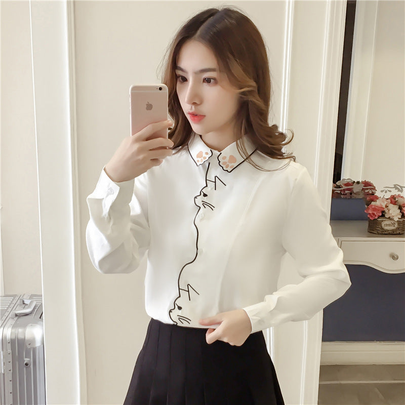 Cat embroidery white shirt blouse loose and cute