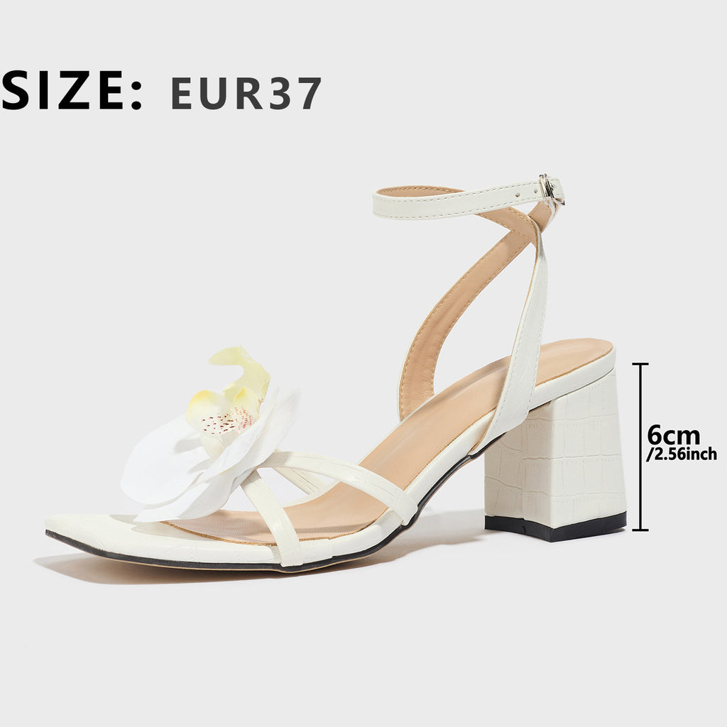 Sandales Femme Blanches à Talon Carré Épais avec Fleur 3D