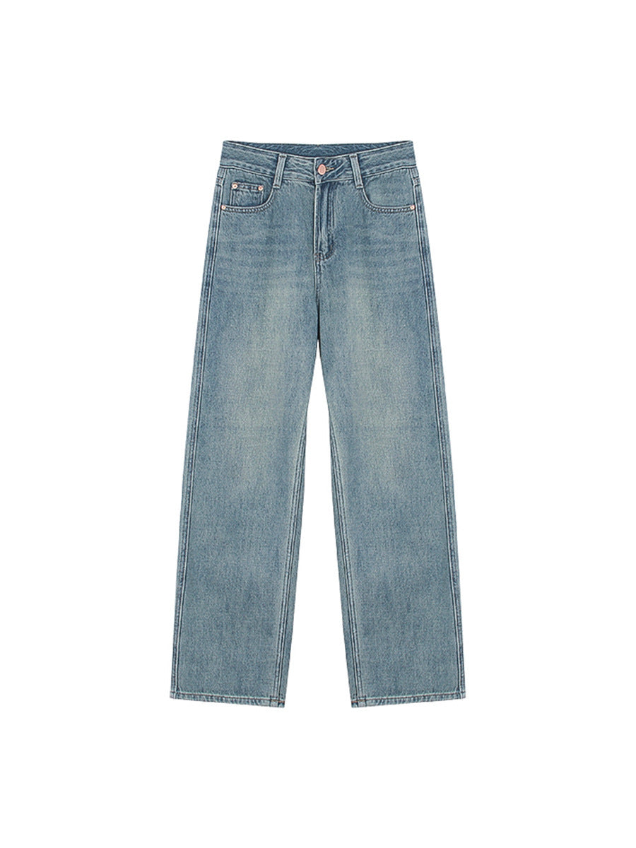 High Waist Blue Slimming Straight Leg Pants for Women