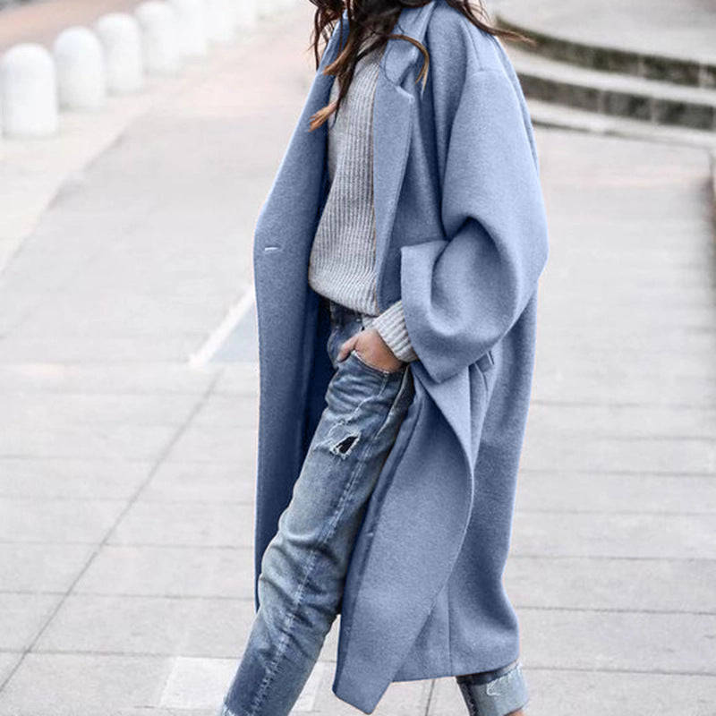 Women’s Casual Long Woolen Jacket With Pockets Solid Color Single Breasted Lapel Winter Coat