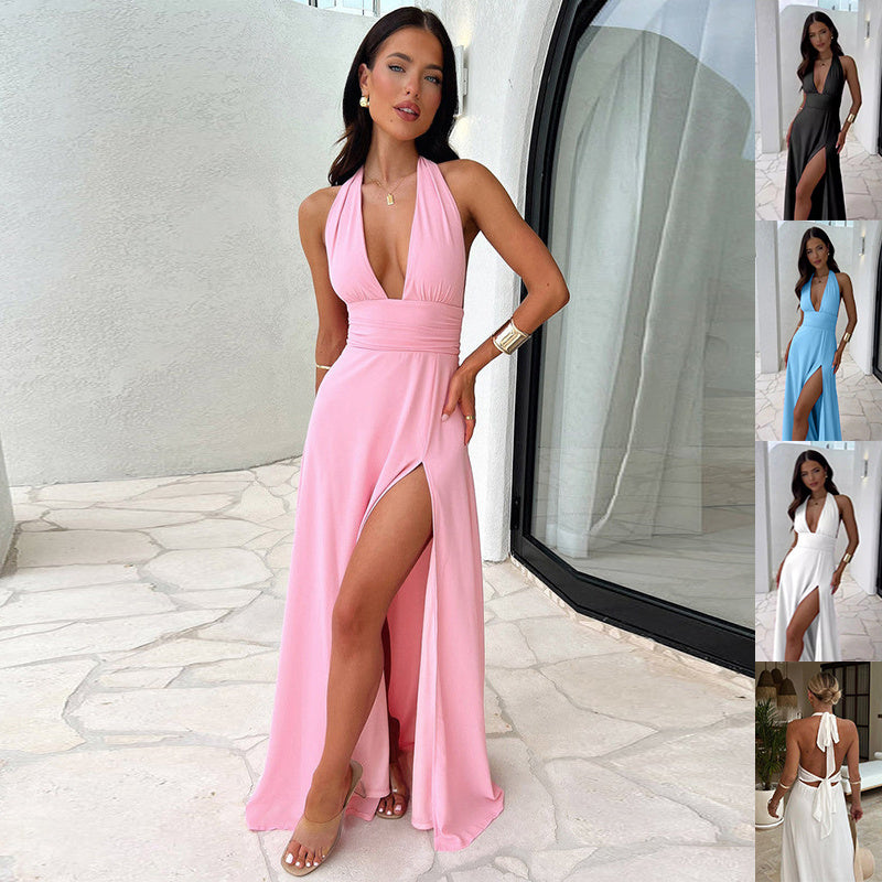 Robe d'été sexy dos nu à col halter et décolleté en V pour femme