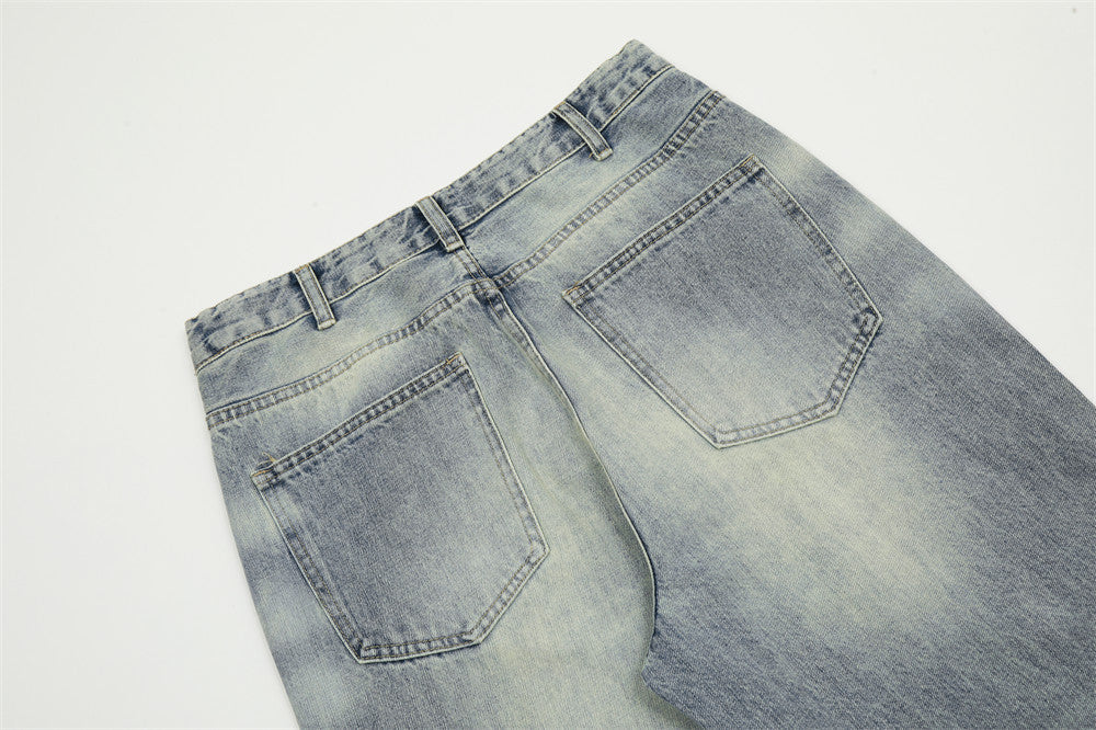 Men's Mid Waist Blue Washed Denim Trousers Ripped Jeans