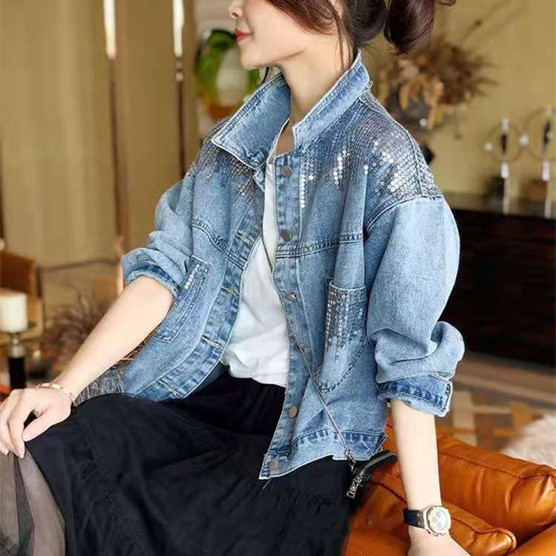 Women's Oversized Loose Denim Coat with Sequins