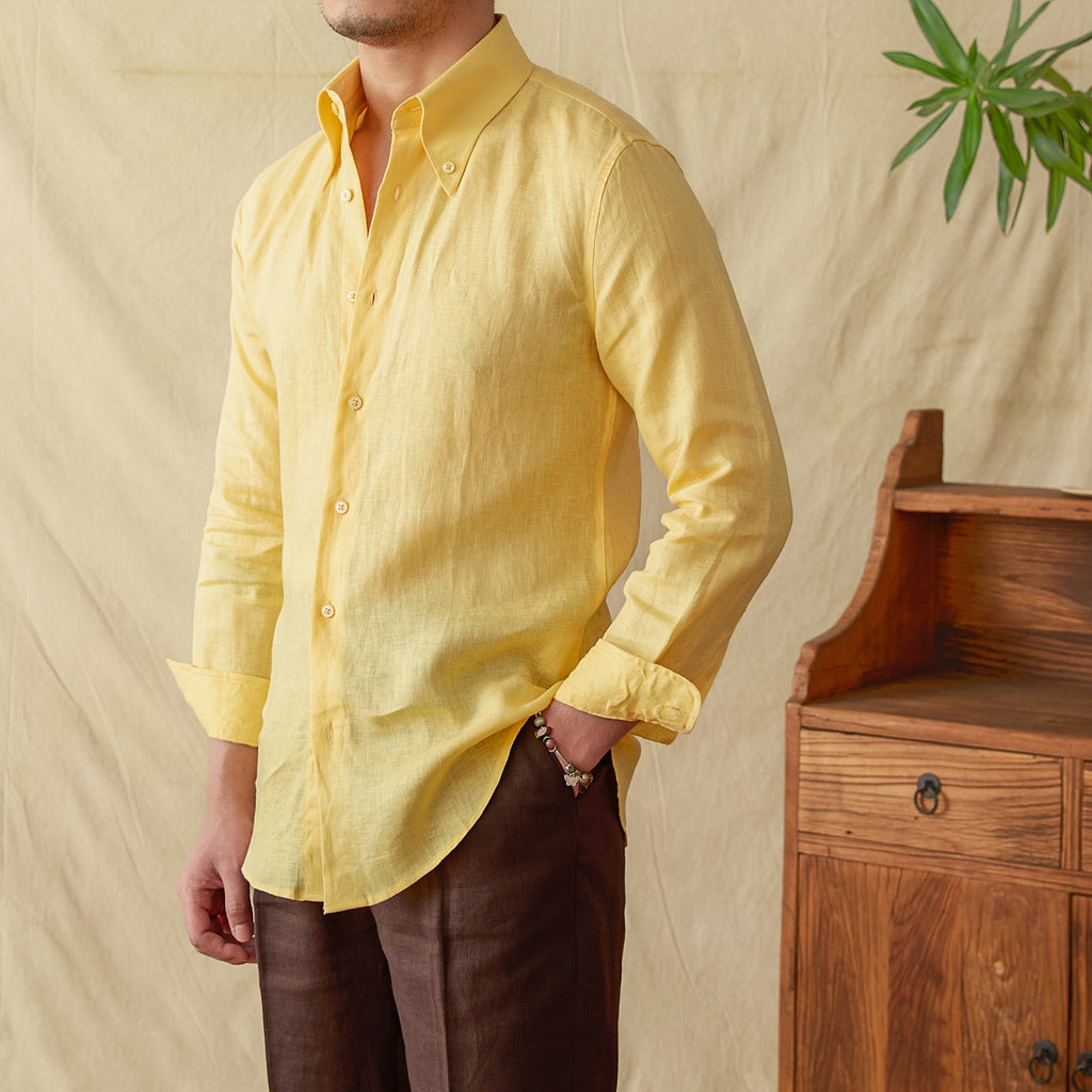 Italian Style Long Sleeve Linen Shirt with Large Pointed Collar