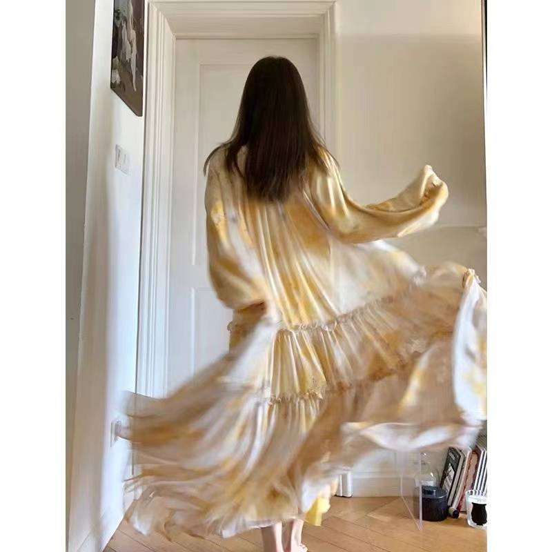 French Entry Lux Design Yellow Puff Sleeve Long Dress with Ink Print