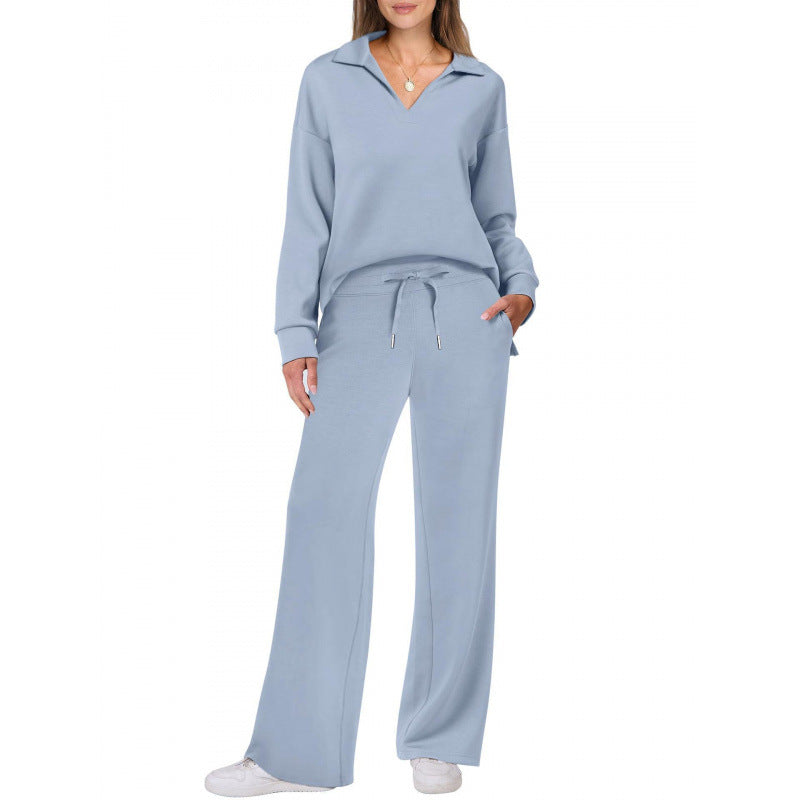 Women's V-Neck Tracksuit Set Long Sleeve Pullover & Drawstring Straight-Leg Trousers Solid Colors