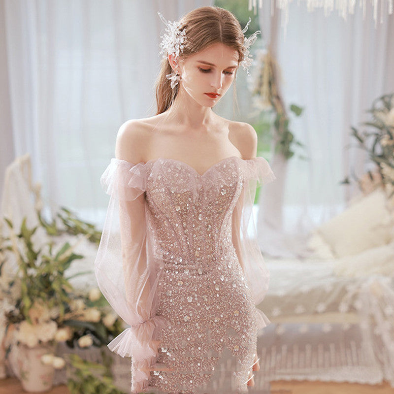 Peach Pink Sleeveless One-Shoulder Wedding Toast Dinner Dress