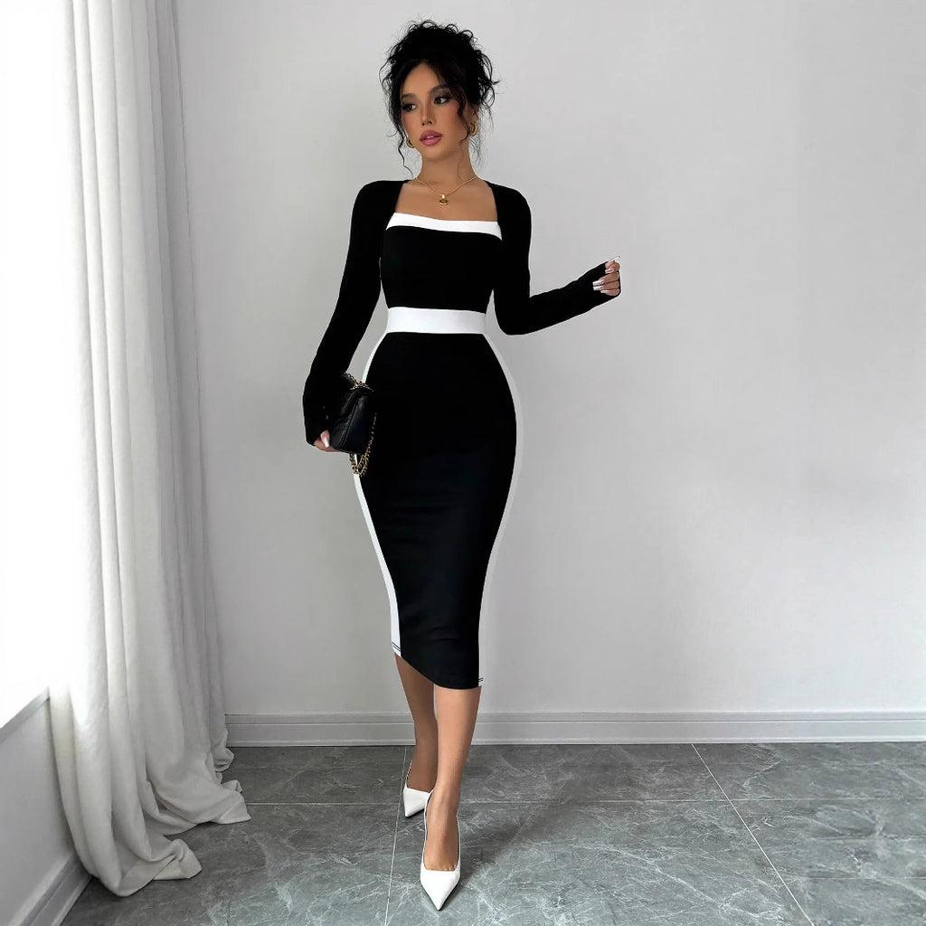 Robe noire élégante moulante à col carré et manches longues pour femme