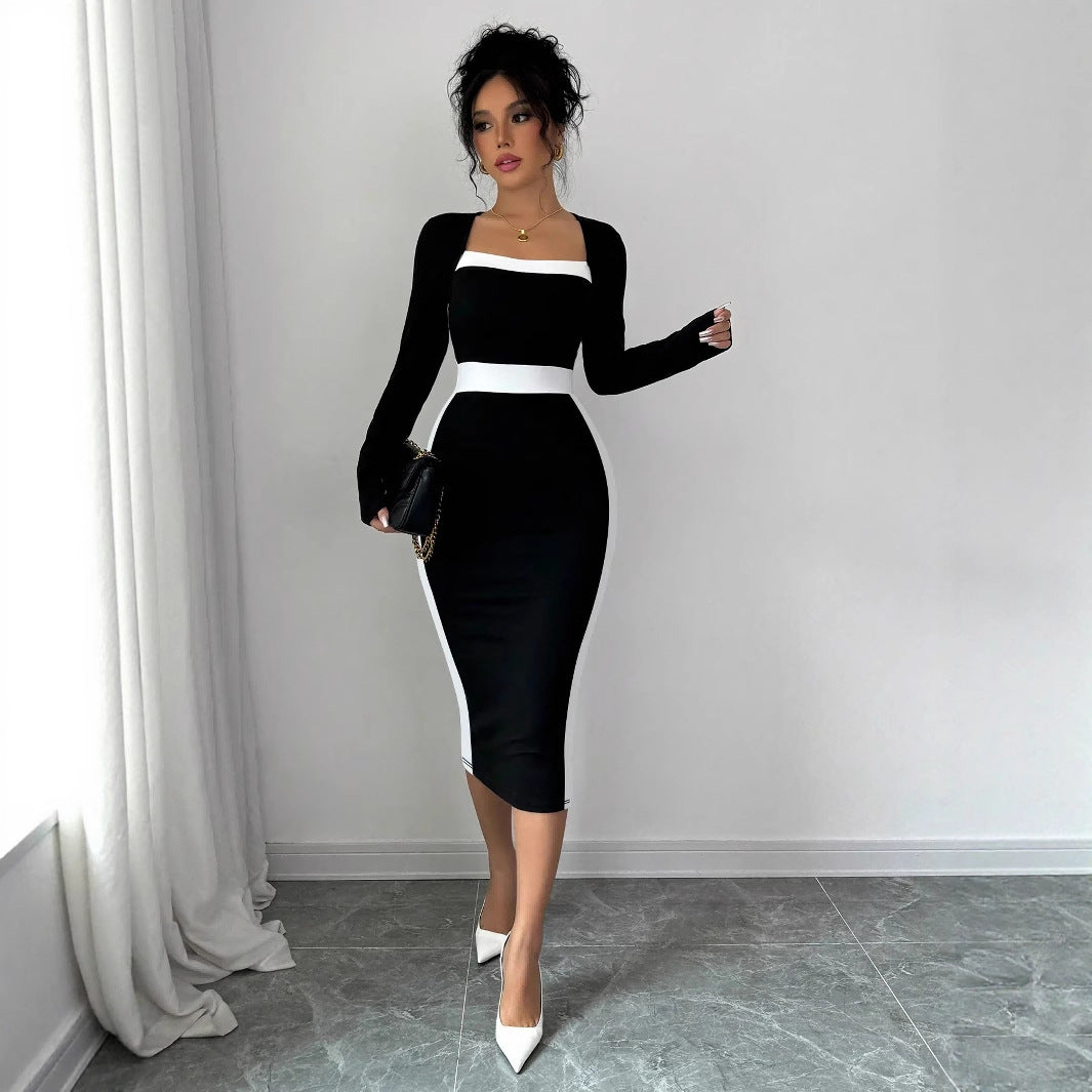 Robe noire élégante moulante à col carré et manches longues pour femme