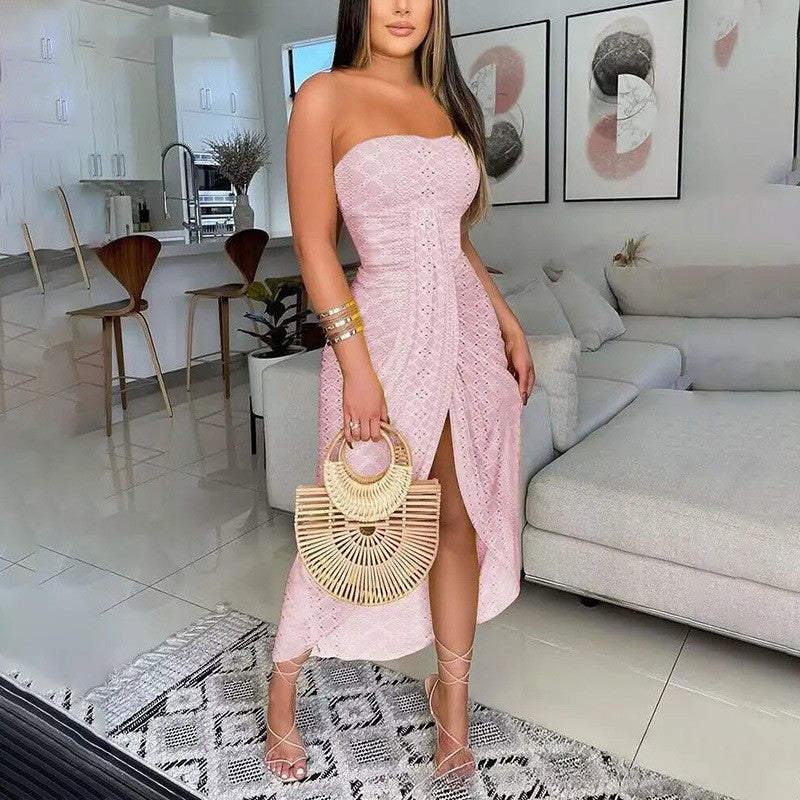 Robe bandeau femme taille haute fendue à motif géométrique