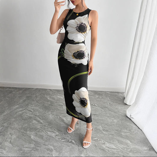 Robe longue sans manches en maille noire à imprimé floral pour femme