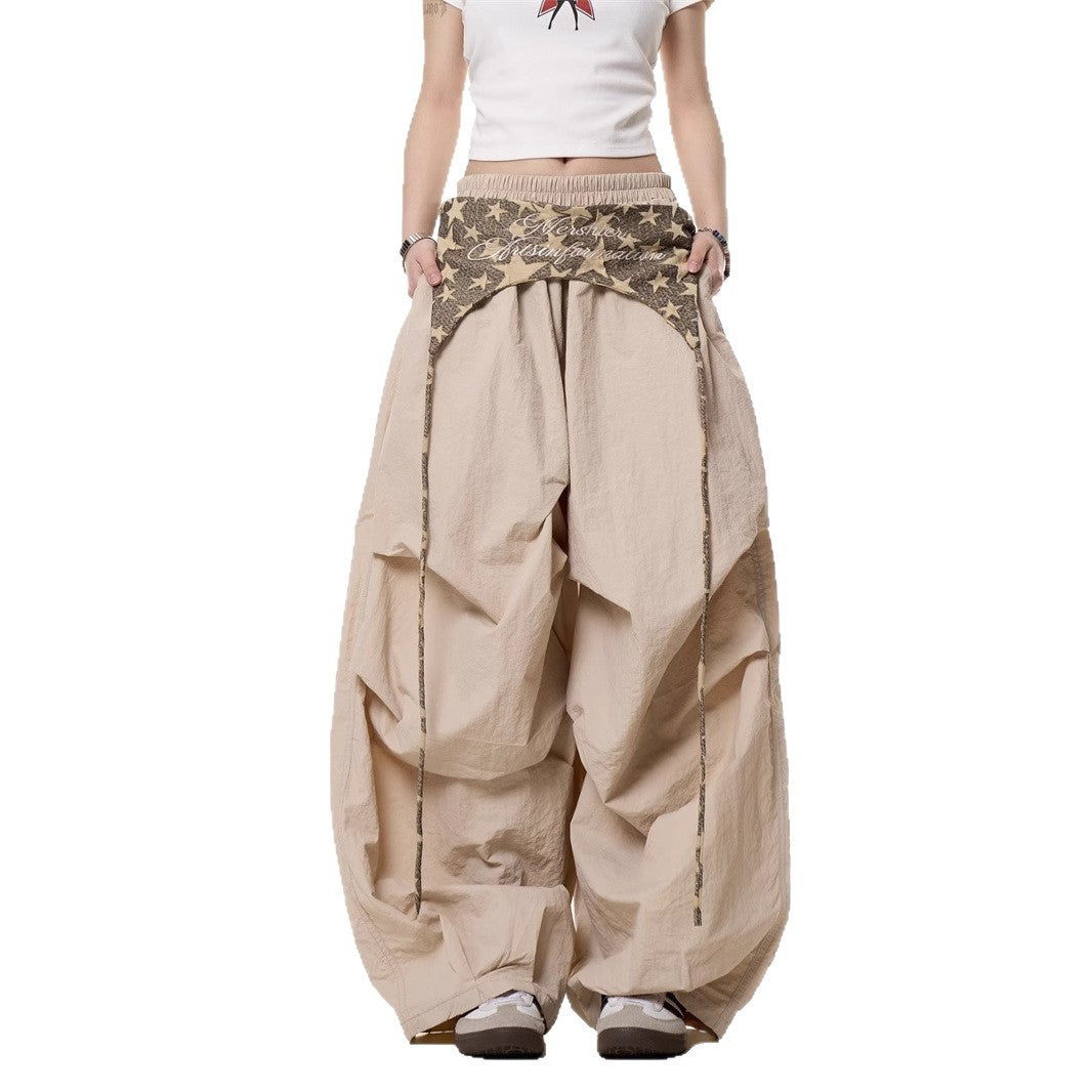 Women’s Relaxed Casual High-Waist Layered Cargo Pants with Tie Details