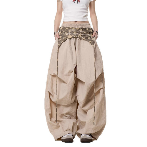 Pantalon cargo ample décontracté taille haute pour femme avec détails à nouer