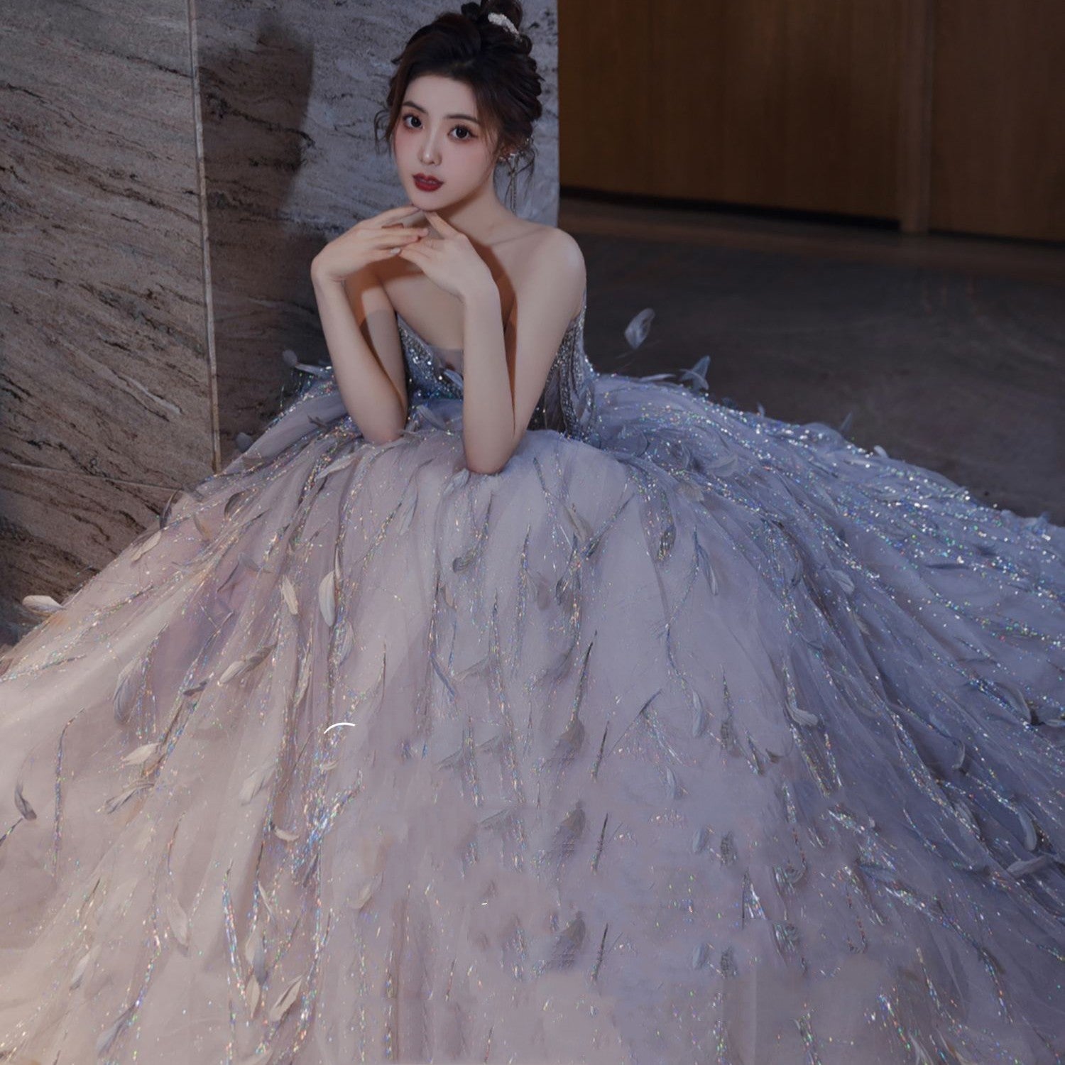 Robe de mariée de luxe haut de gamme, gris-bleu clair, style princesse, pour fiançailles