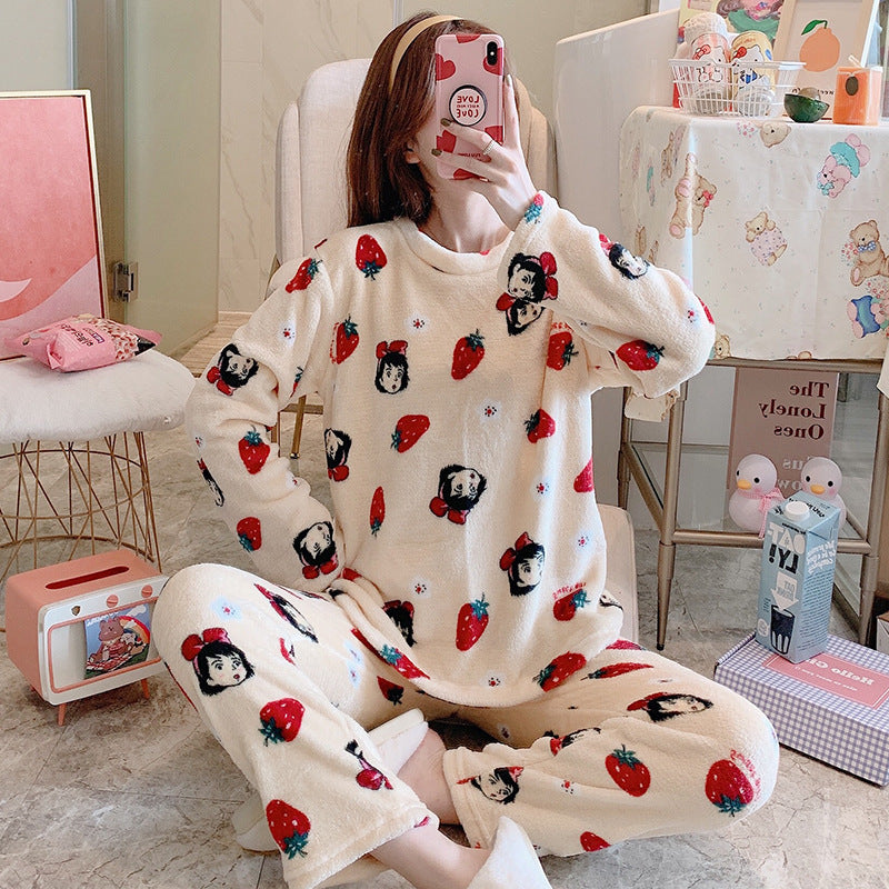 Winter Flannel Long Sleeve Thicken Plus Fleece Homewear Pajamas for Women