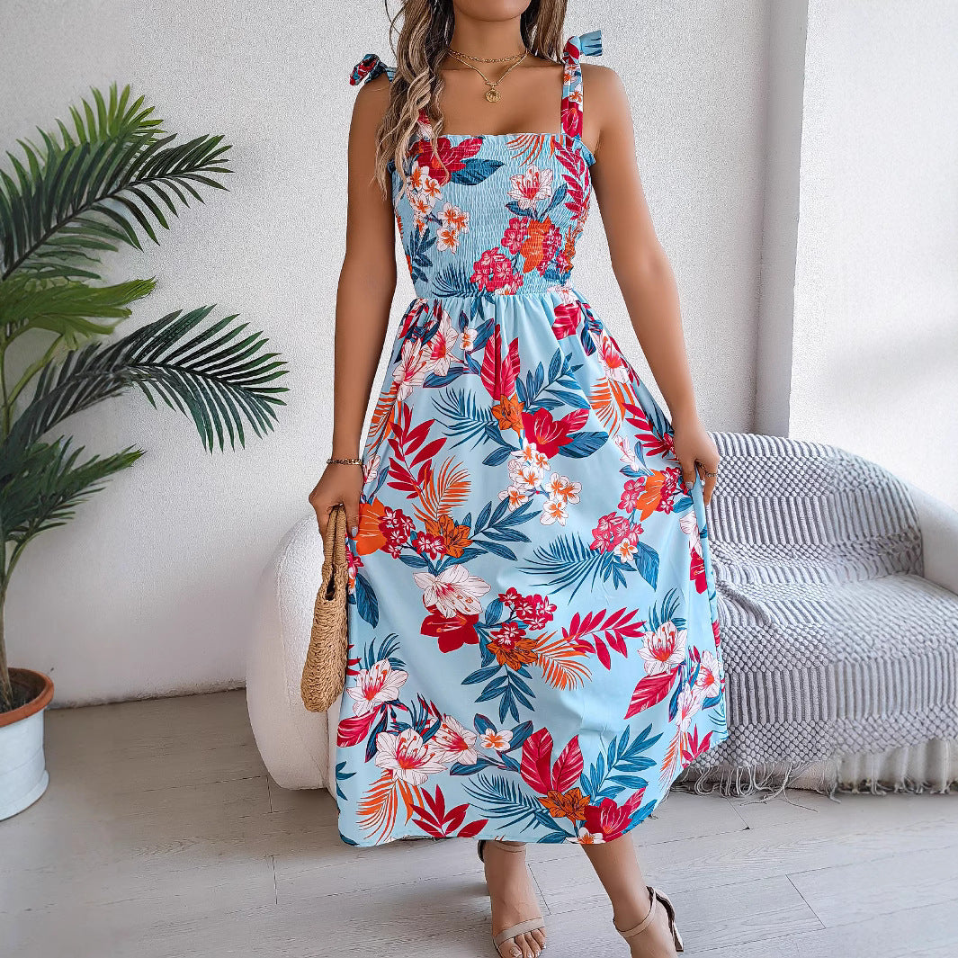 Floral Print Suspender Corset Dress Sleeveless High-Waist Summer Beach Dress for Women
