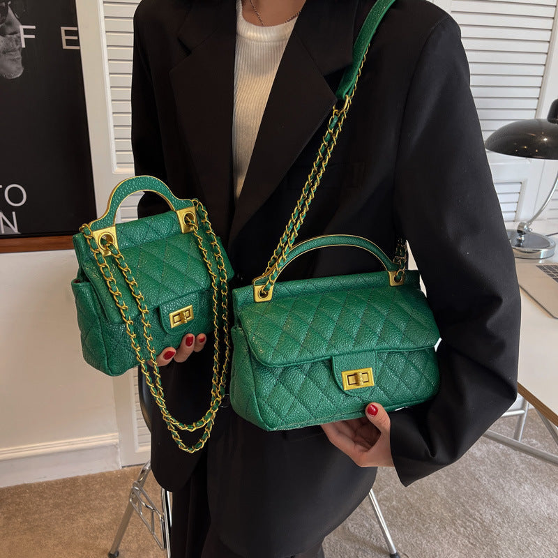 Rhombus Chain Small Square PU Bag in Black, Beige & Green