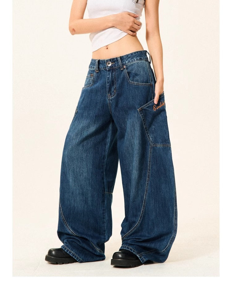 Jeans taille haute amples à jambes larges pour femme avec grandes poches bleu foncé