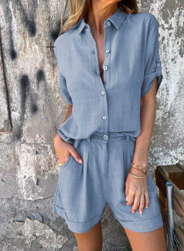 Ensemble chemise boutonnée à revers et short à poches à manches courtes pour femmes