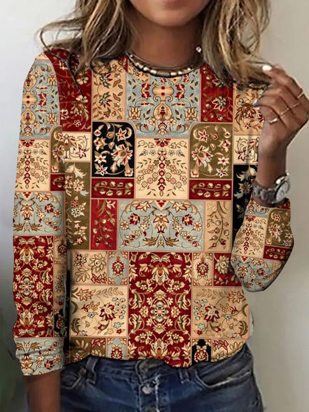 Women's Fashion 3D Digital Printed Round Neck Long-sleeved T-shirt