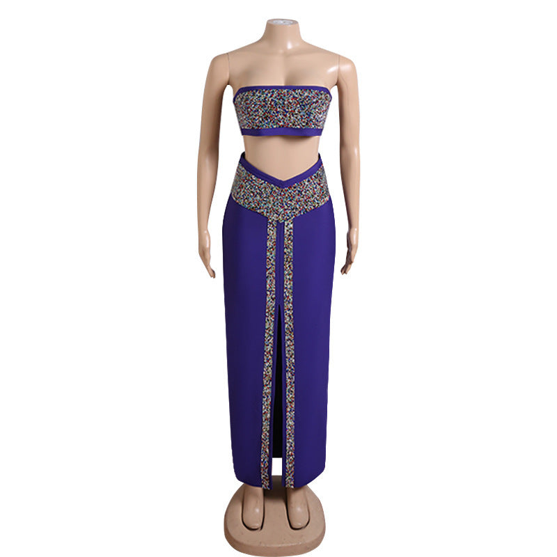 Fashion Women's Purple Bandage Two-Piece Tube Top Dress Set Western Style