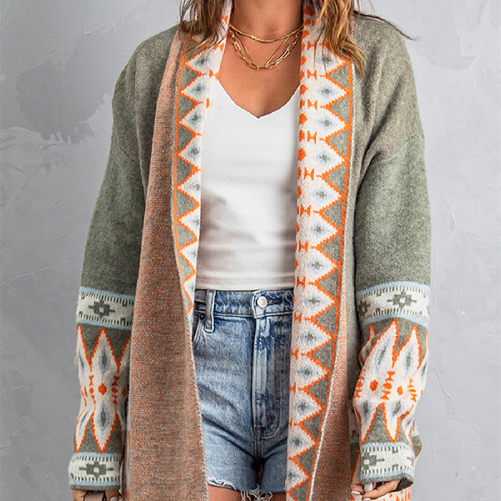 Manteau pull mi-long ethnique pour femme, plusieurs couleurs