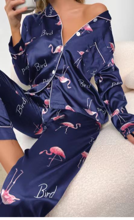 Women’s Sweet Luxury 5050 Artificial Silk Lapel Long Sleeve Pajama Set with Trousers