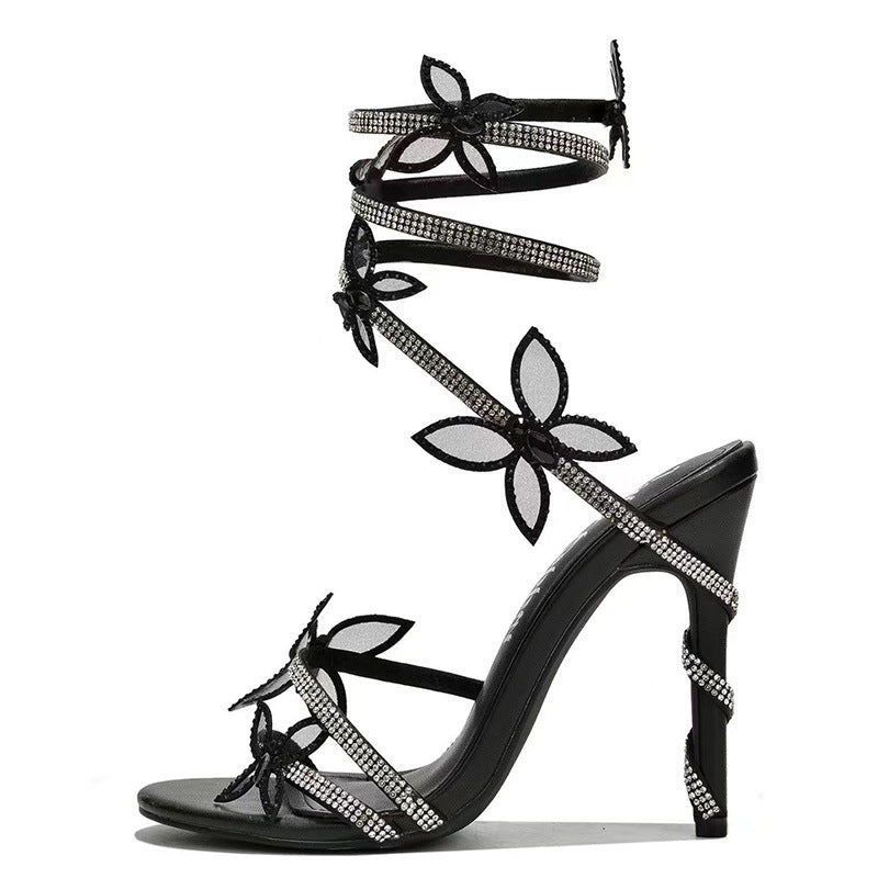 Snake Butterfly Rhinestone Flower Roman Stiletto Heels