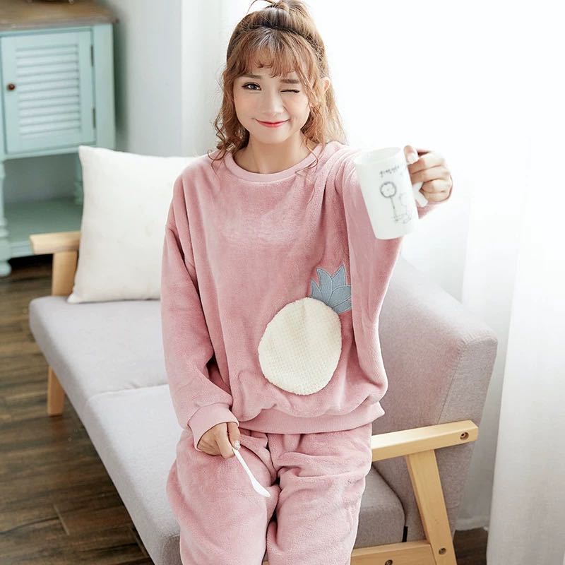 Winter Flannel Long Sleeve Thicken Plus Fleece Homewear Pajamas for Women