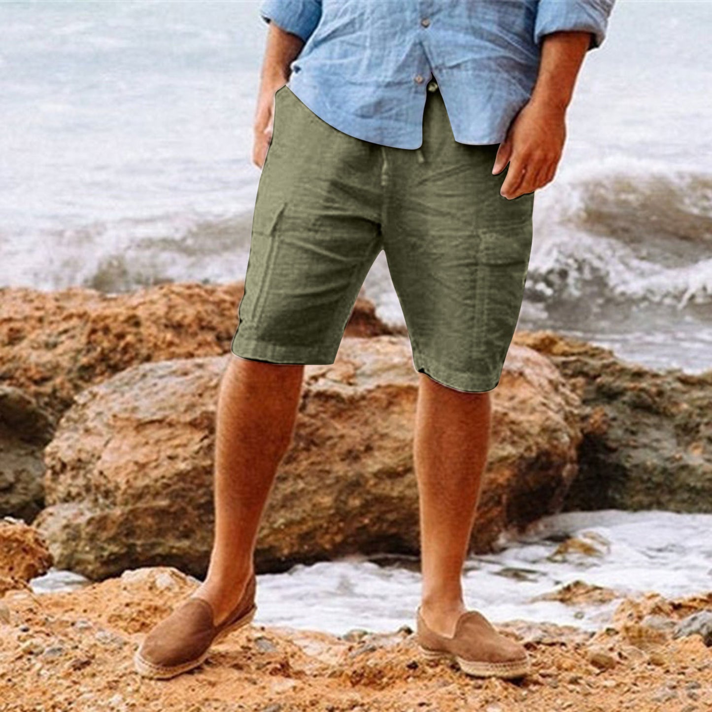 Men's Casual Cotton Linen Multi-pocket Workwear Shorts