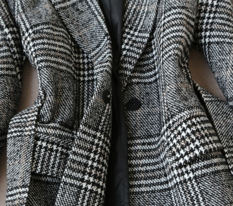 طقم جاكيت وتنورة كاروهات رمادي على الطراز الكوري بخصر A S-XXL